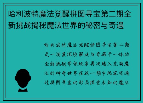 哈利波特魔法觉醒拼图寻宝第二期全新挑战揭秘魔法世界的秘密与奇遇